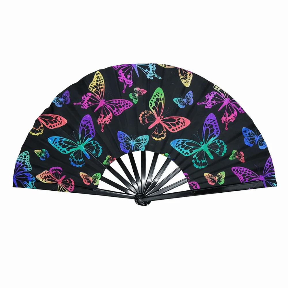 A black hand fan decorated with colorful holographic gradient butterfly patterns.