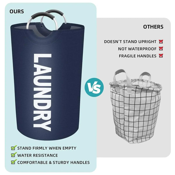 Comparison image showing a navy blue laundry bag versus a white checkered laundry basket.