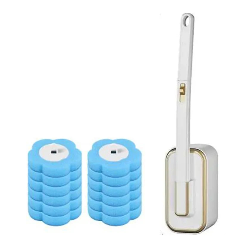 A set of blue disposable toilet brushes with long white handles.