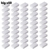 A set of fifty white melamine cleaning sponges or magic erasers for kitchen and bathroom use.