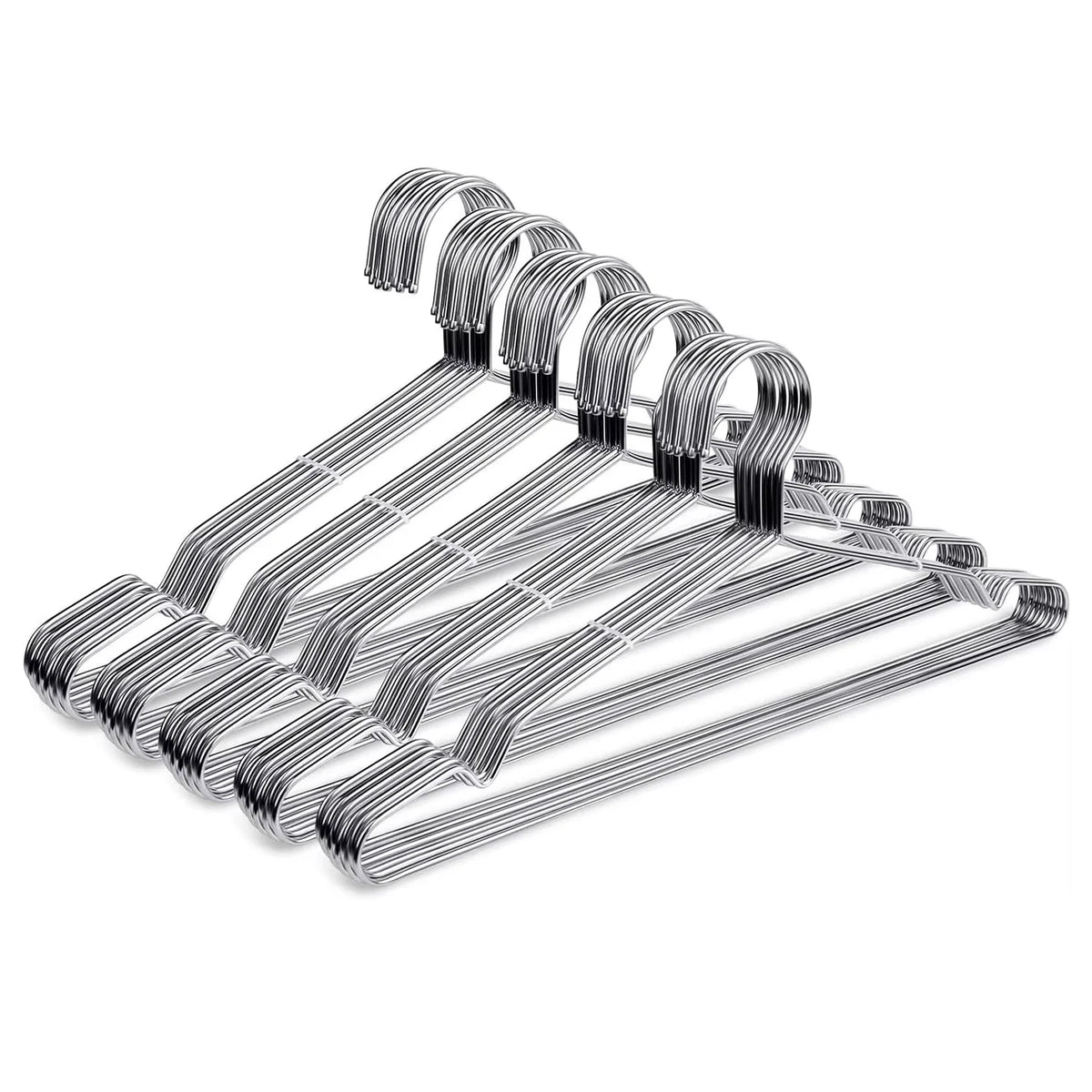 Silver metal clothes hanger with multiple curved hangers.