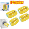 Four yellow laundry bags for shoes shown next to a washing machine.