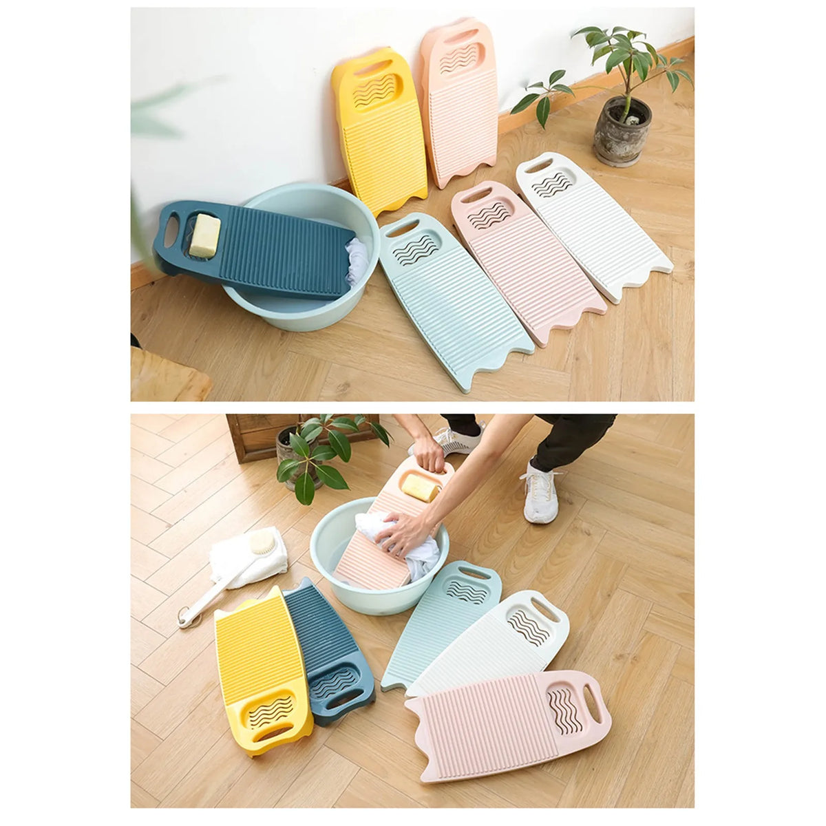 A collection of plastic thickened washboards in various colors including yellow, pink, and blue, shown on a wooden surface.