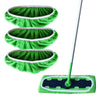 Three reusable microfiber mop pads in bright green with white trim and a long handle.