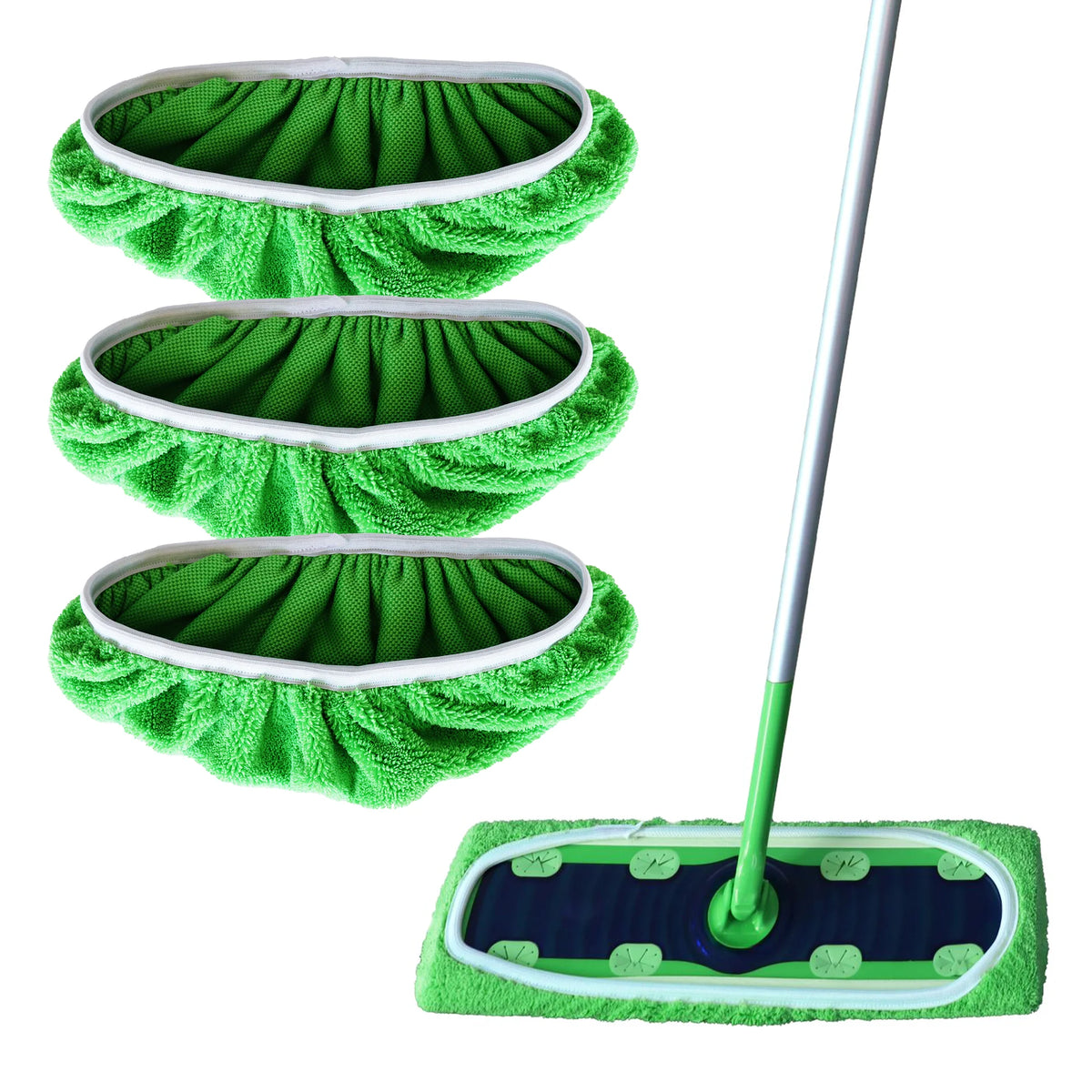 Three reusable microfiber mop pads in bright green with white trim and a long handle.
