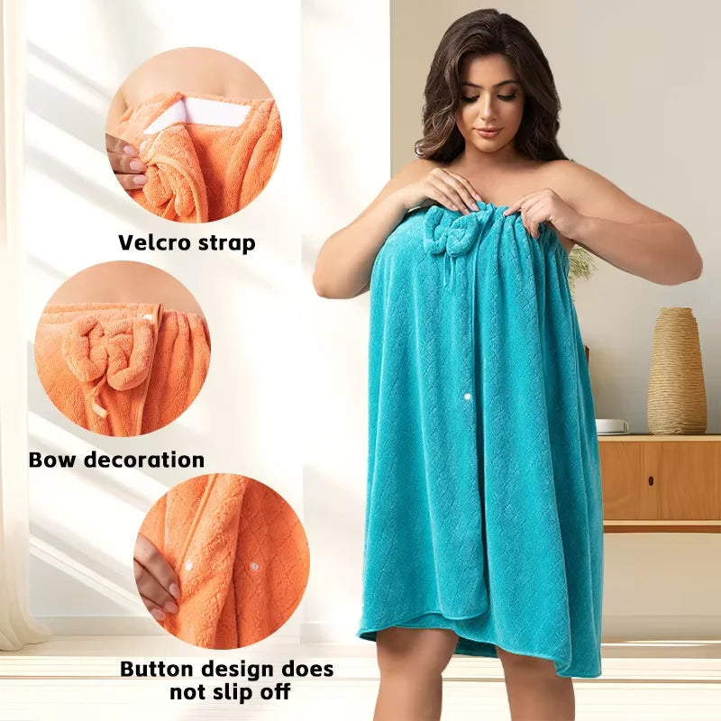 A woman models a teal wrap robe with a bow decoration and Velcro strap, demonstrating its design.
