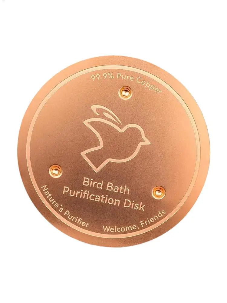 A round, copper purification disk featuring a silhouette of a bird and text indicating it is nature's purifier.