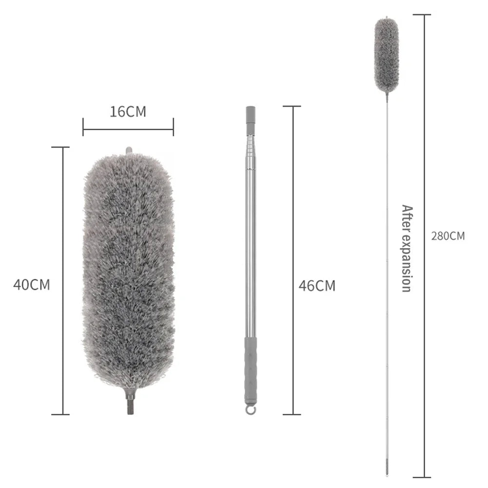 A gray extendable microfiber duster set shown with various lengths and dimensions.