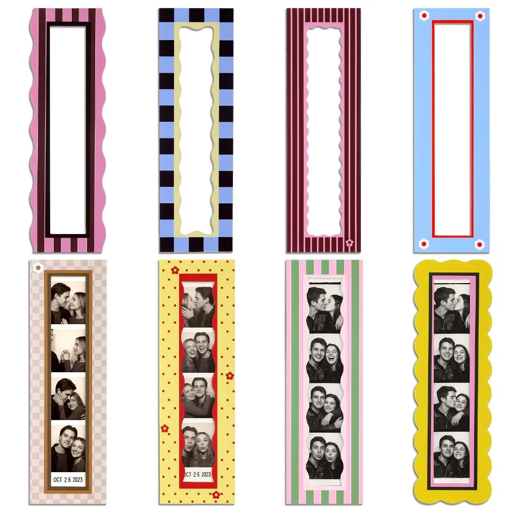 A set of magnetic photo frames with decorative borders and various color schemes for displaying photos.