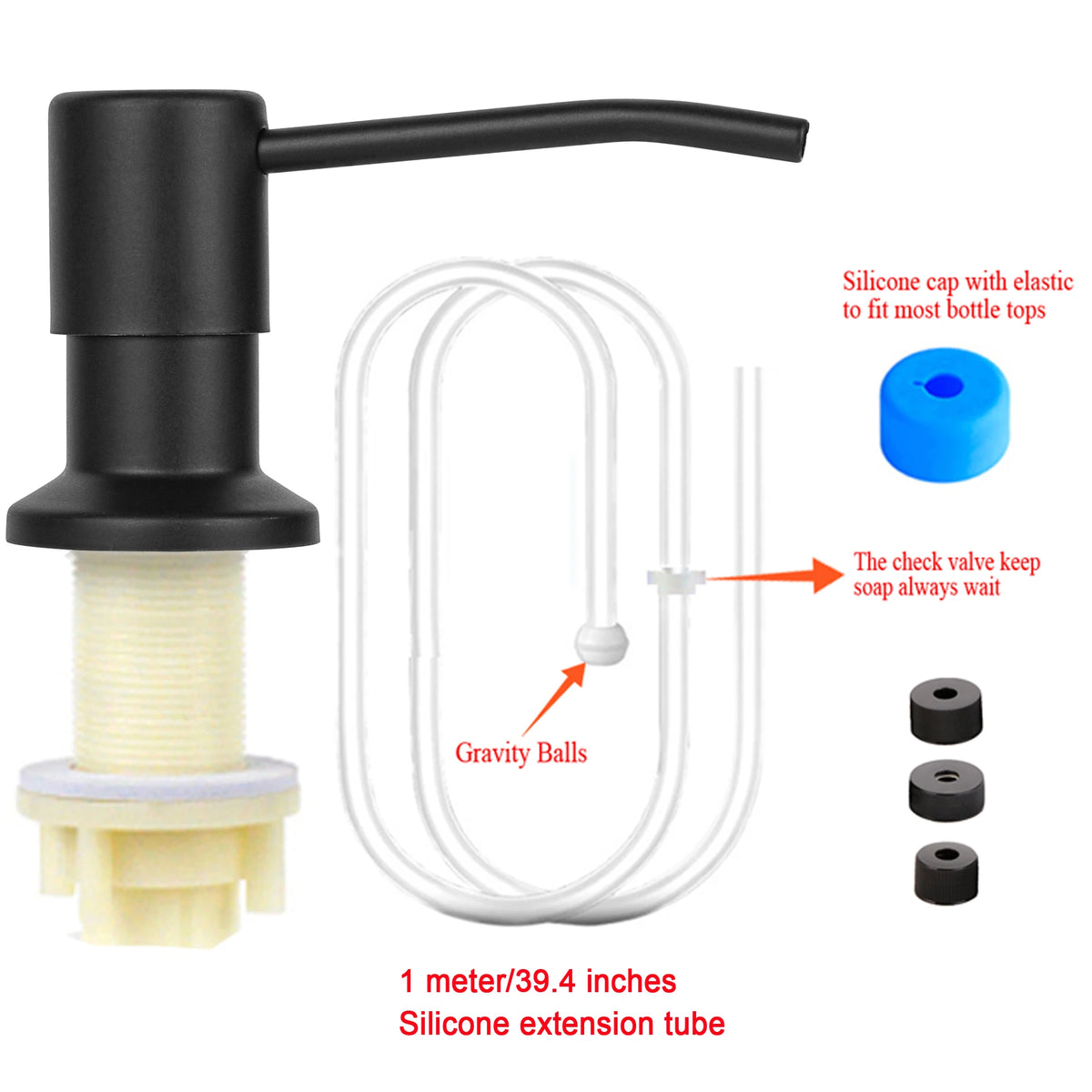 Black under-sink kitchen soap dispenser with a silicone extension tube and gravity balls