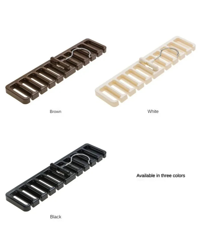 Three multi-slot hanging belts or tie organizers in brown, white, and black.