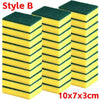 A set of green and yellow cleaning sponges stacked in a rectangular arrangement.