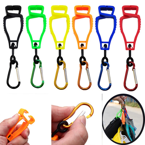A set of colorful durable glove clips with ergonomic buckles shown alongside a hand-held clip and usage example.