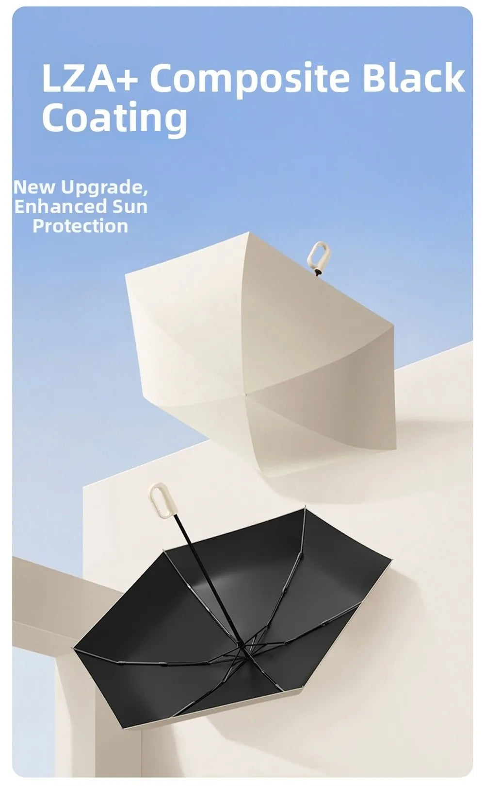 A black composite coating umbrella is shown folded against a white wall, demonstrating enhanced sun protection.