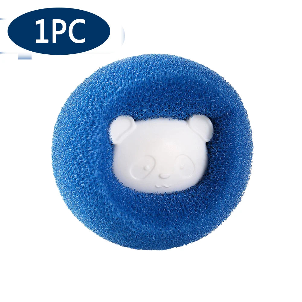 One blue, porous lint and hair remover ball with a white panda face.