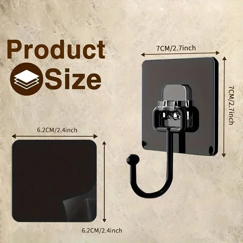 A black heavy-duty self-adhesive wall hook with a flexible wire, shown against a textured background.
