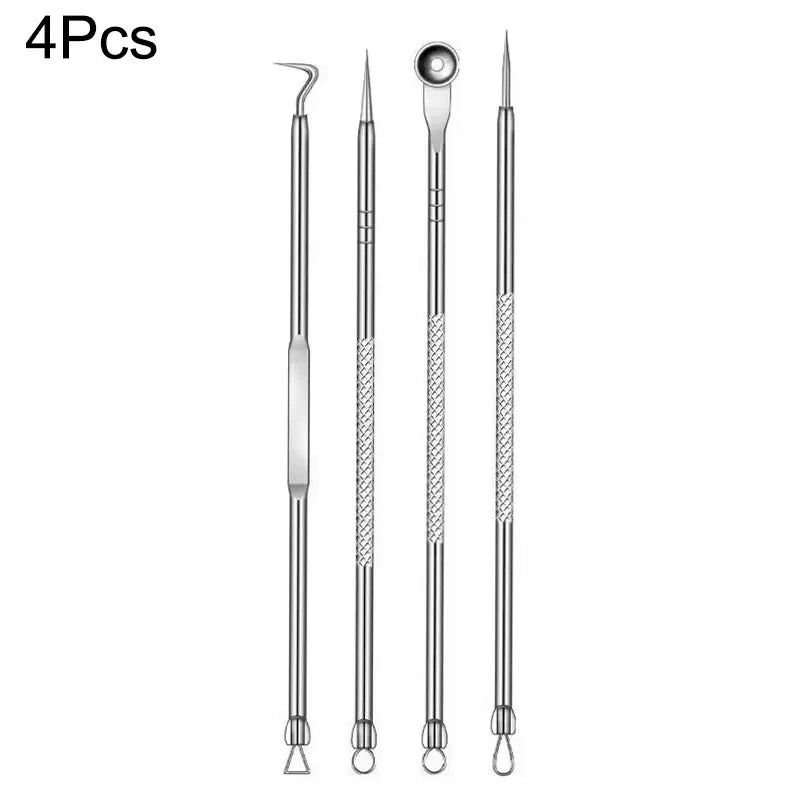 A set of four stainless steel acne and blackhead remover tools.