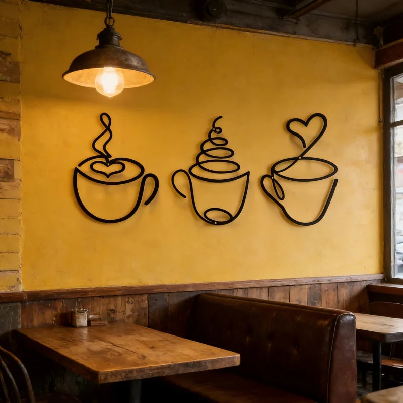 Un juego de tres siluetas de tazas de café de hierro negro para decoración de pared en una pared amarilla.