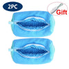 Two blue reusable shoe cleaning bags with mesh inserts and a cleaning brush gift