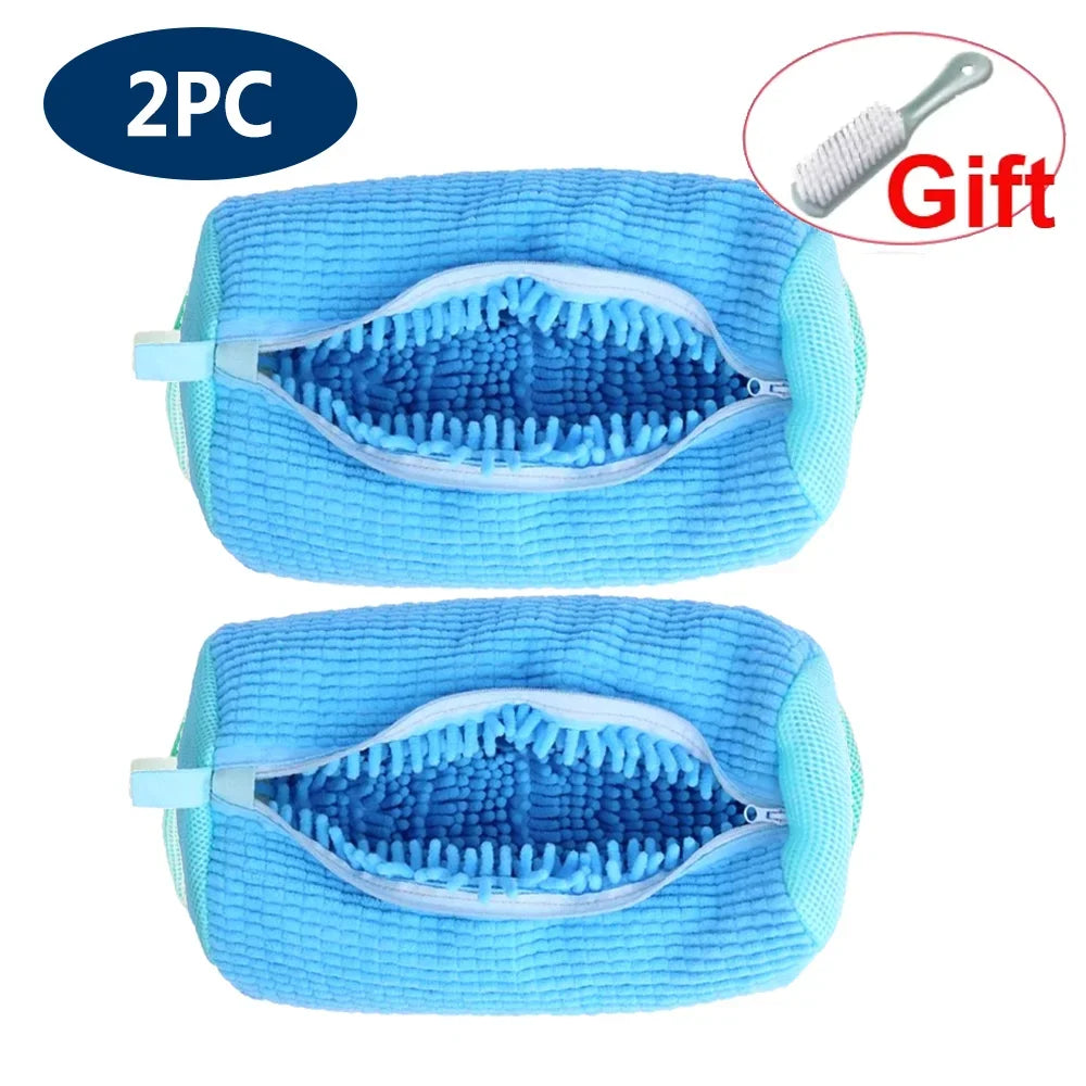 Two blue reusable shoe cleaning bags with mesh inserts and a cleaning brush gift