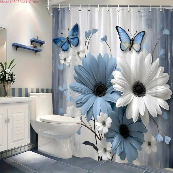 A shower curtain featuring a watercolor design of blue and white flowers and butterflies.