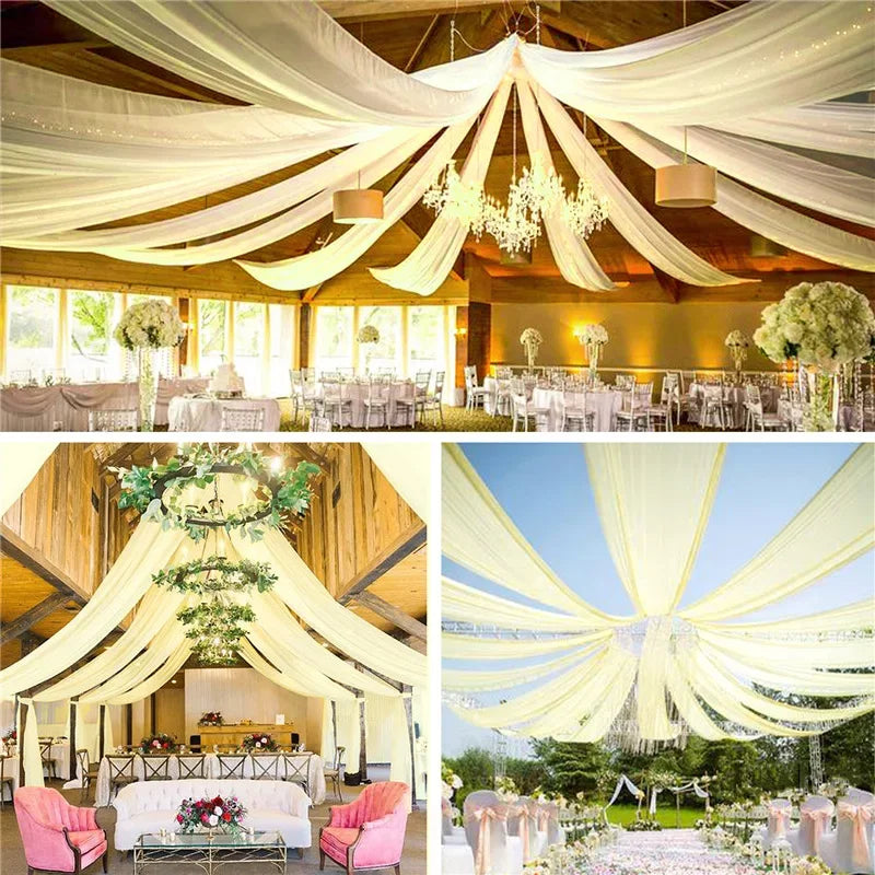 Elegant sheer chiffon draping fabric creating a flowing ceiling canopy for an event venue.