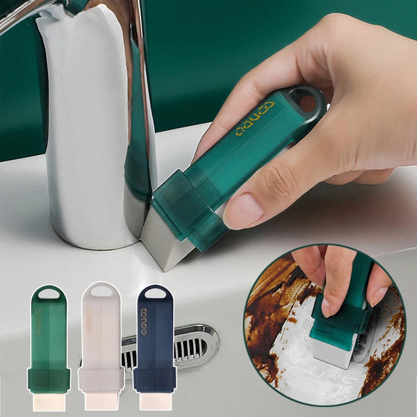A hand holds a teal limescale eraser tool, demonstrating its use on a faucet, with various sizes shown below.