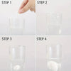 Four steps showing how to use disposable compressed travel towels for cleaning or wiping.