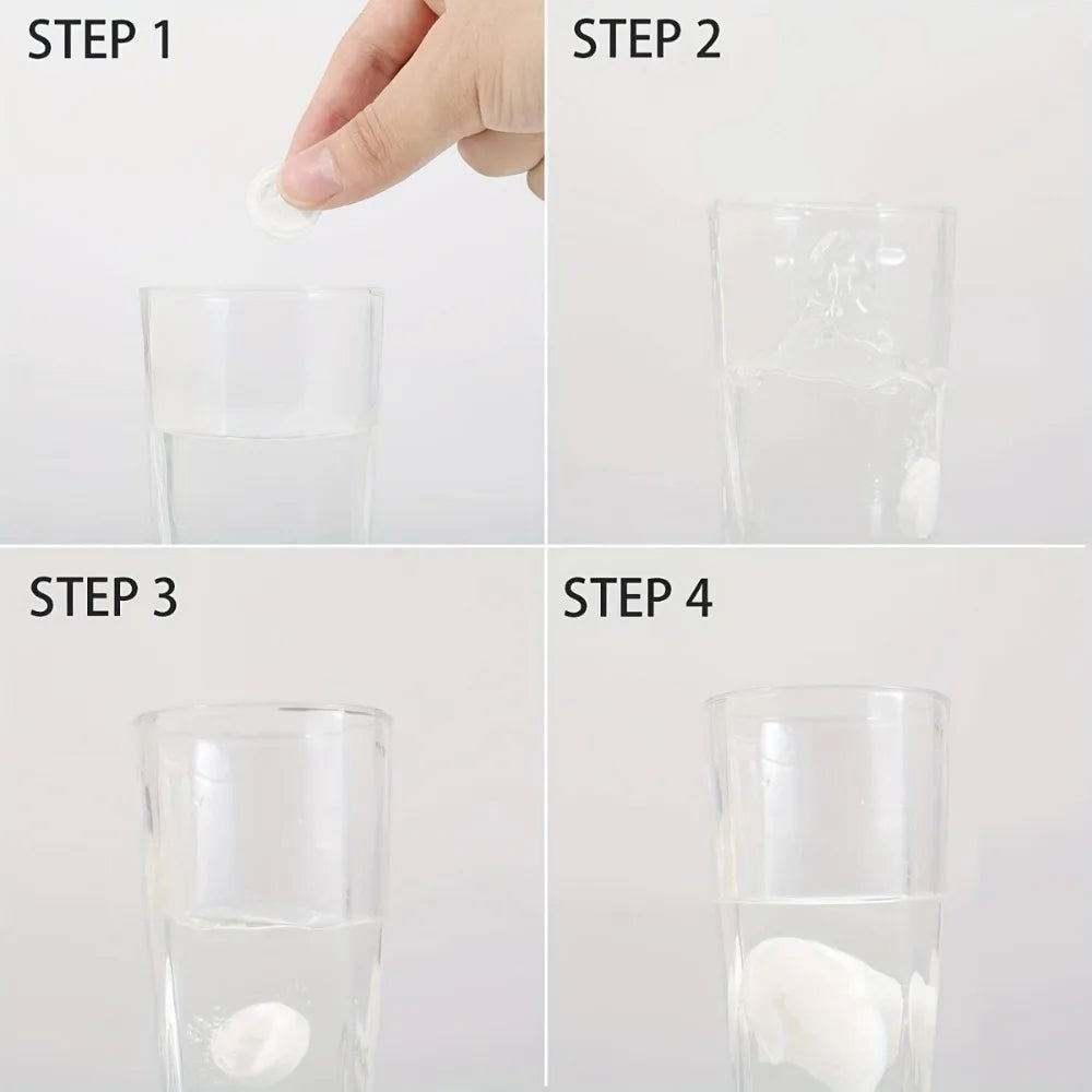 Four steps showing how to use disposable compressed travel towels for cleaning or wiping.