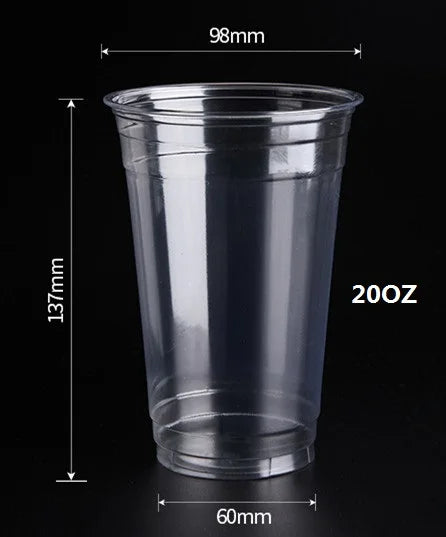 Klare Plastikbecher mit Deckel und Strohhalm, in Seitenansicht mit Maßenangaben.