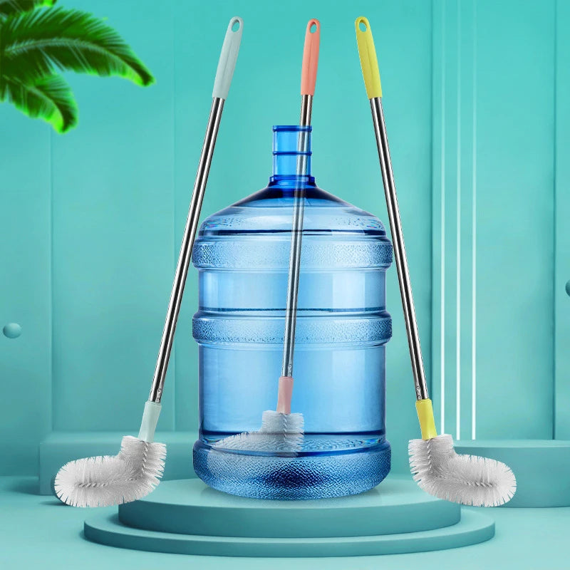 A blue plastic bucket is shown with three stainless steel cleaning brushes and a water dispenser standing upright.