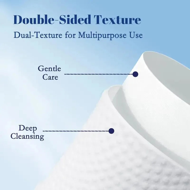 Close-up of a white facial cleansing wipe showing a double-sided texture for gentle care and deep cleansing.