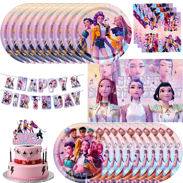 A set of K-Pop themed birthday party decor including balloons, banners, and a cake decorated with K-Pop idols.