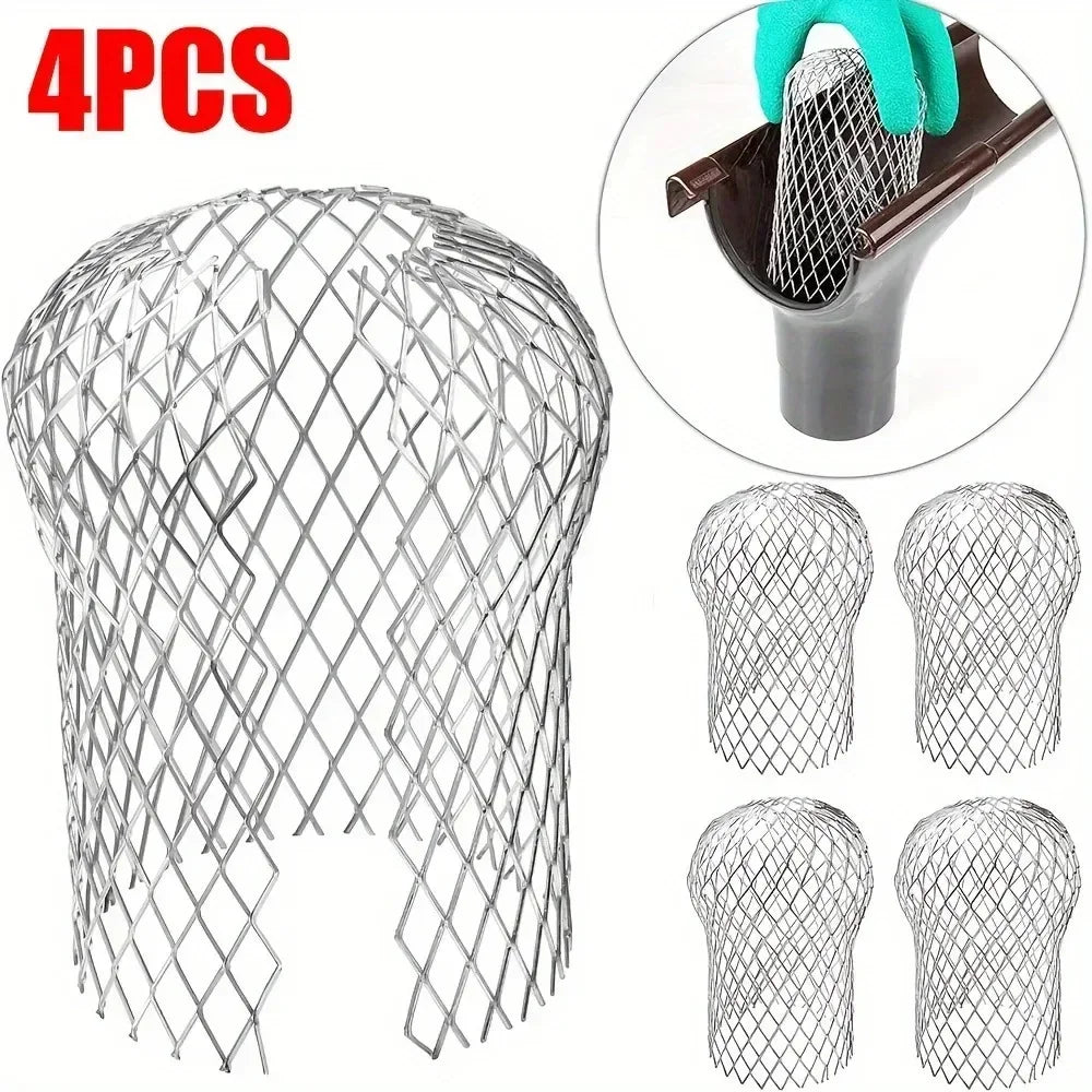Vier Teile eines Metall-Aluminium-Rinnenblatt-Schadstofffilters mit einem Anwendungsbeispiel.