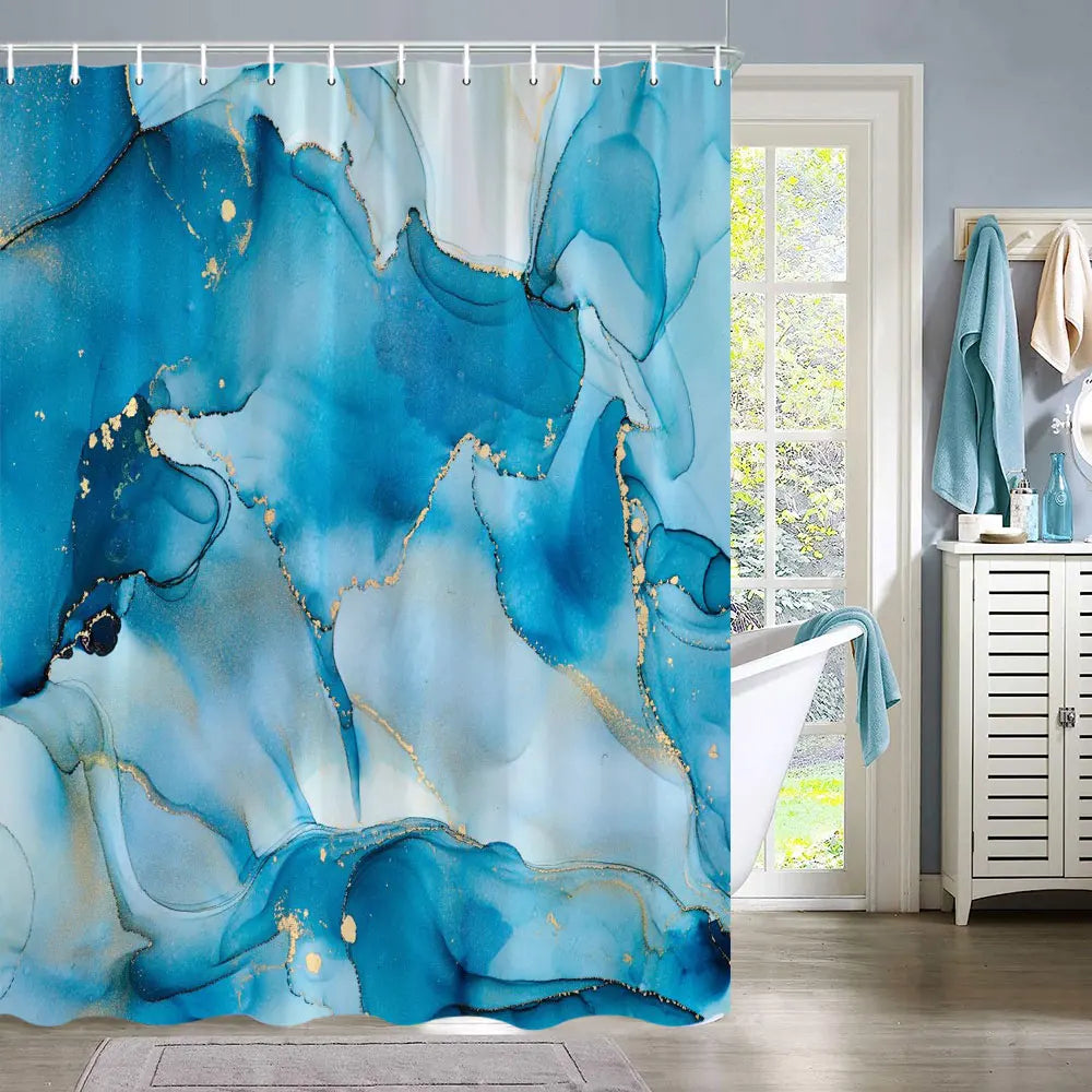 Blue and gold marble abstract fluid texture shower curtain featuring marbled blue tones.