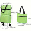 A lime green foldable shopping bag with black straps and wheels shown in a side view.