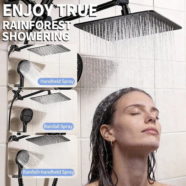 A woman is enjoying true rainforest showering with a complete adjustable bathroom shower system featuring handheld and rainfa