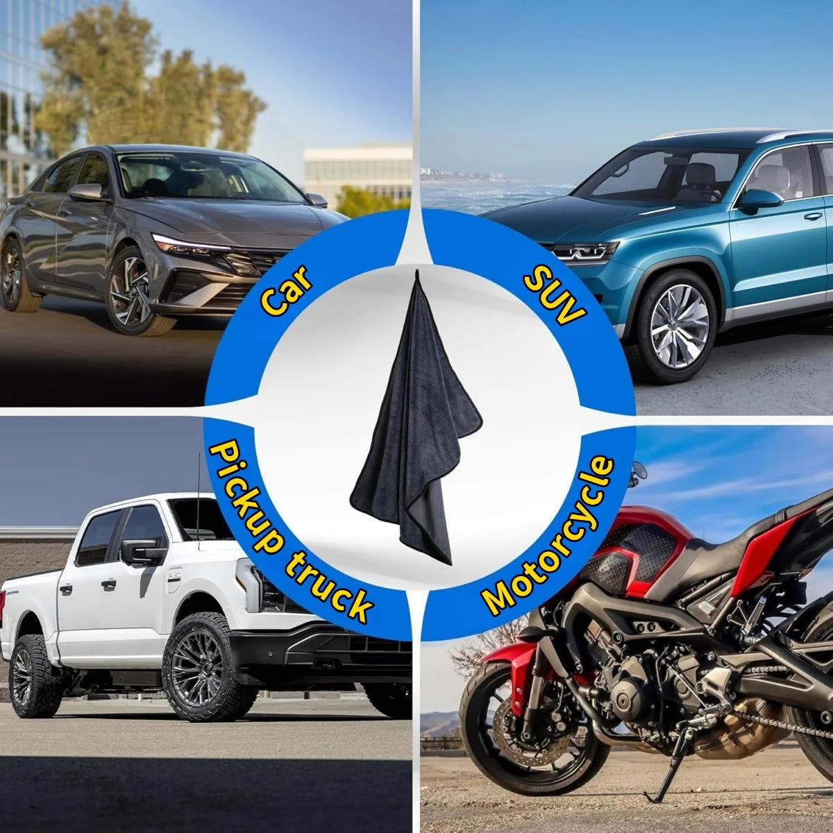 A collage showing a car, SUV, pickup truck, and motorcycle, all featuring an extra large microfiber drying towel.