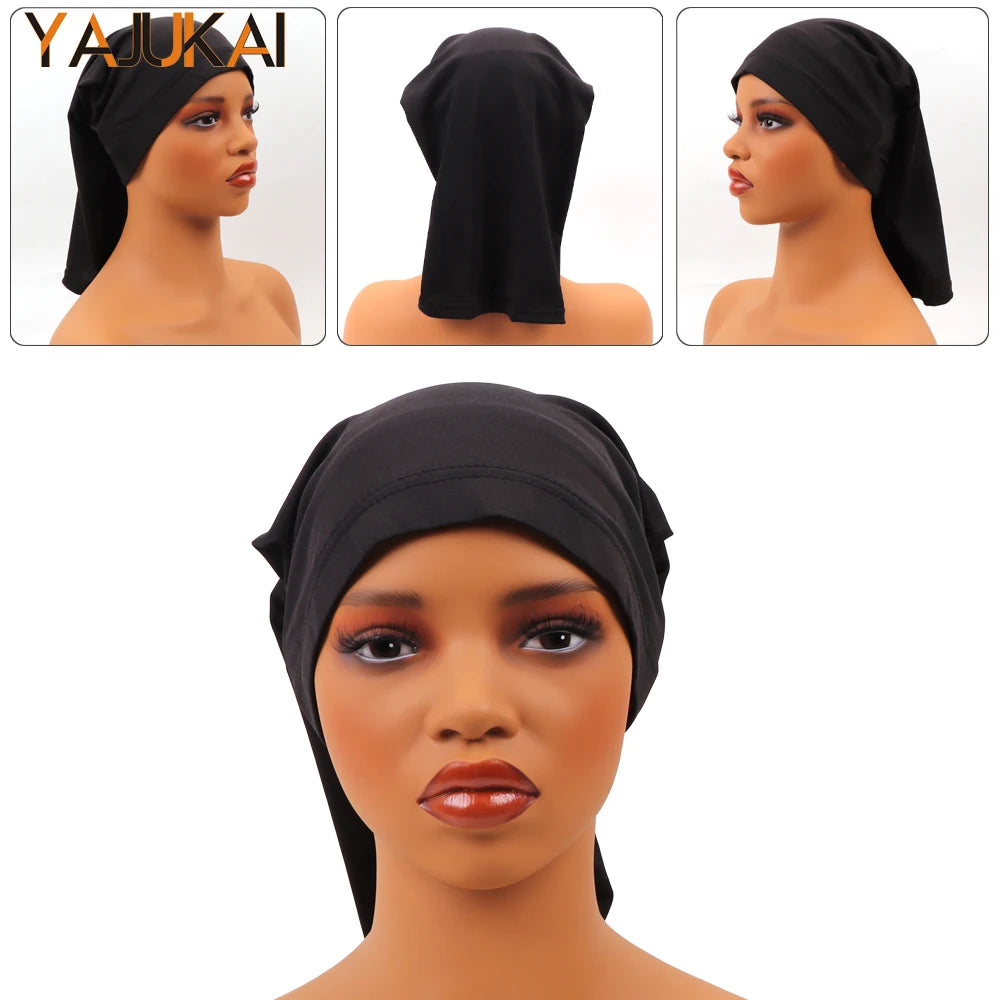 Black spandex dreadlock tube cap shown on a mannequin head in various angles.