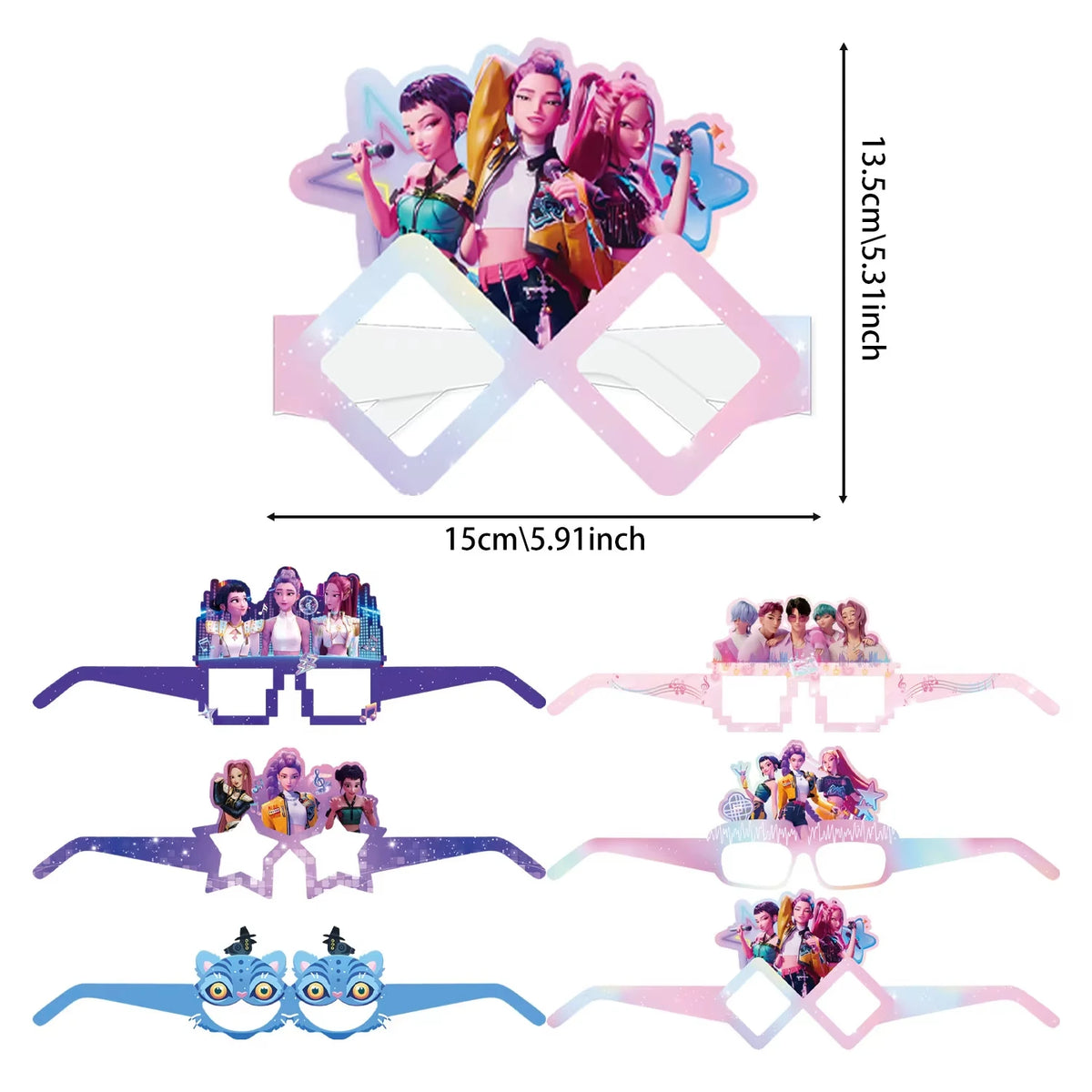A set of K-Pop themed birthday party decor featuring various face masks and glasses in pink, purple, and blue colors.