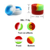 A set of portable silicone storage jars with colored lids and inserts, showing front and bottom views.
