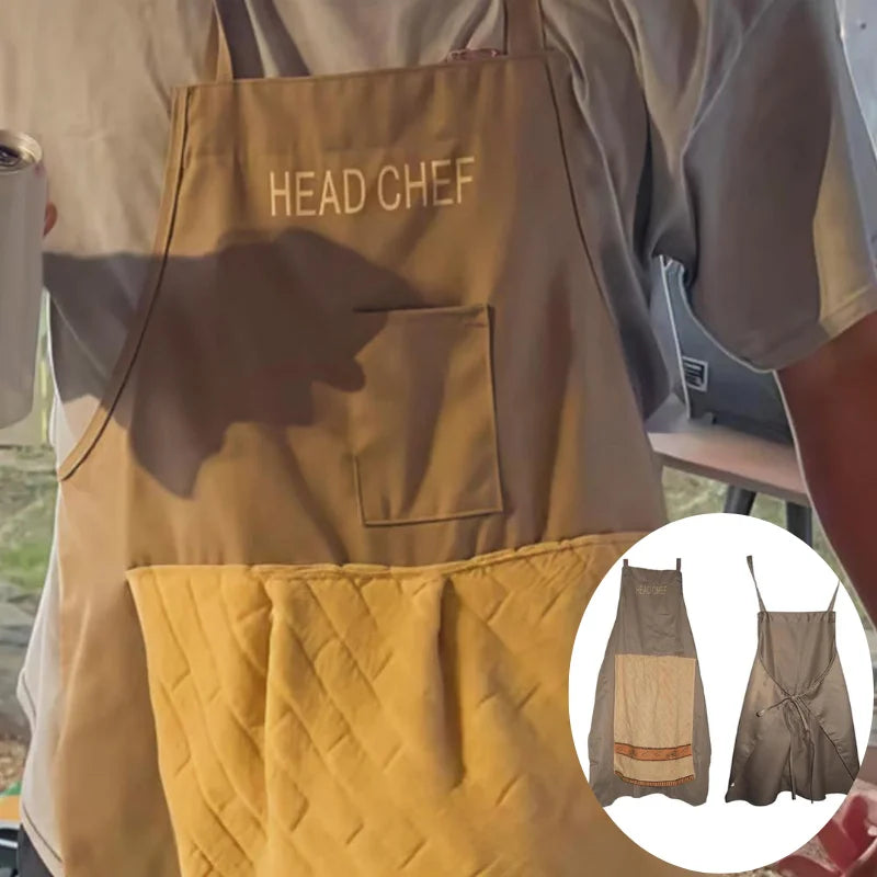 A beige chef apron with a pocket and a yellow quilted fabric overlay is shown on a person's torso.