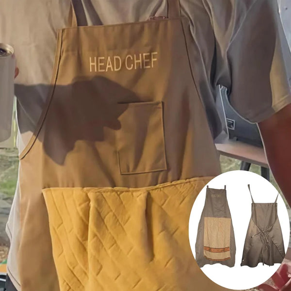 A beige chef apron with a pocket and a yellow quilted fabric overlay is shown on a person's torso.