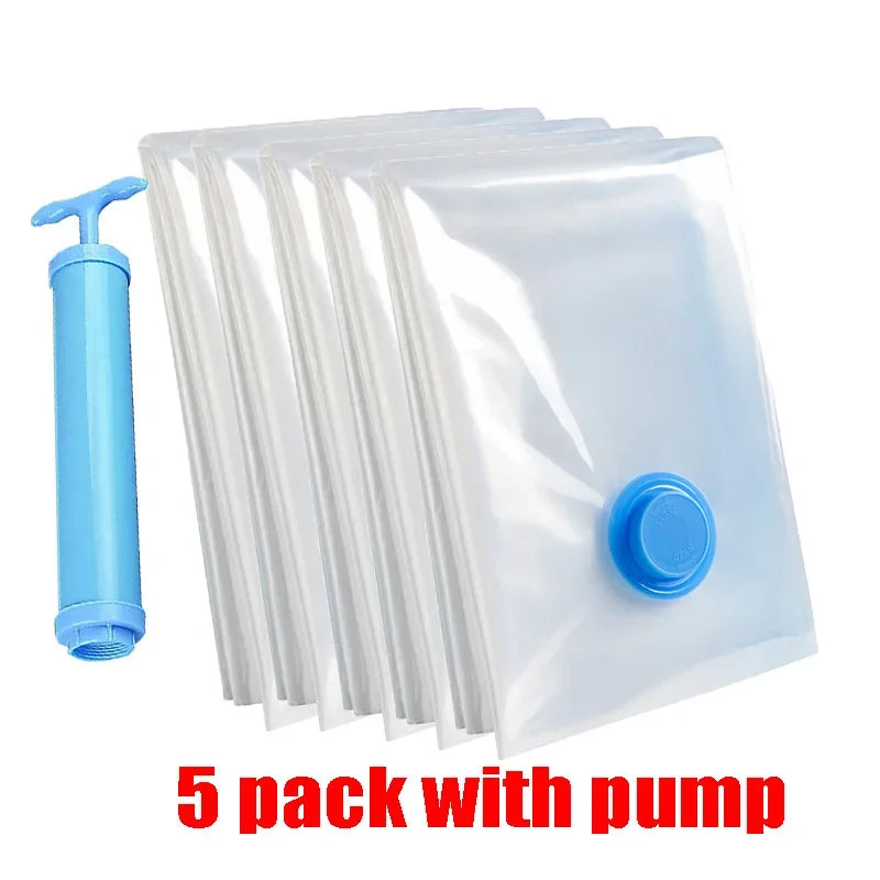 A pack of five clear vacuum storage bags with a blue hand pump.