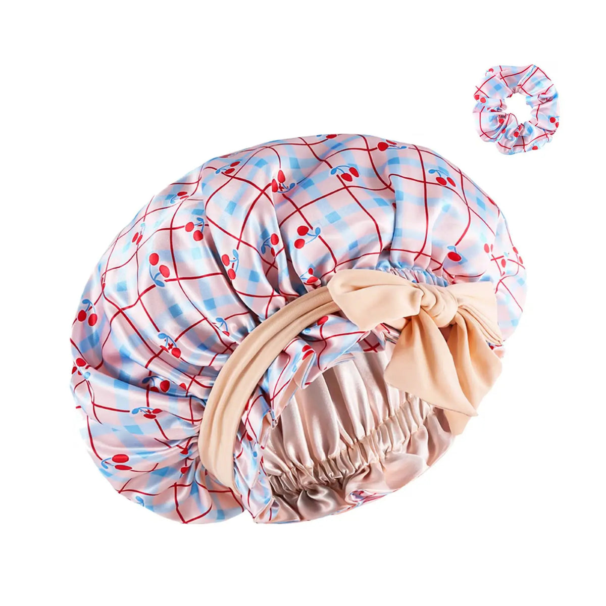 Pink and blue plaid satin silk hair bonnet with a bow