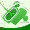 A green microfiber mop replacement cloth with a white elastic band and a handle is shown cleaning a surface.