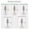 Various sizes of heavy duty waffle shower curtains displayed with models to show dimensions.