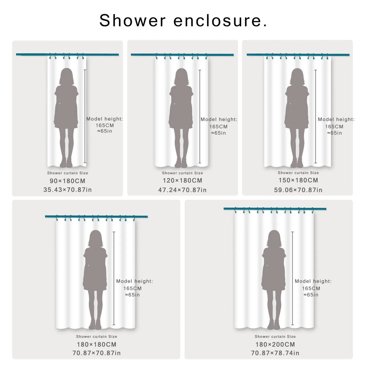 Various sizes of heavy duty waffle shower curtains displayed with models to show dimensions.