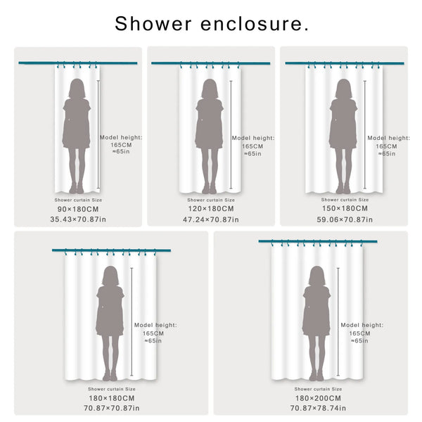 Various sizes of heavy duty waffle shower curtains displayed with models to show dimensions.