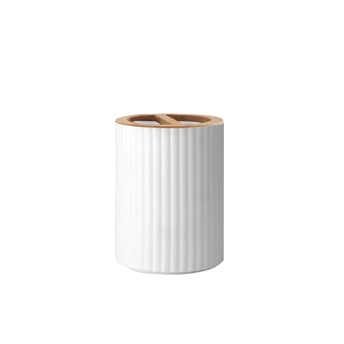 A white cylindrical bathroom countertop organizer with vertical ridges and a wooden lid.